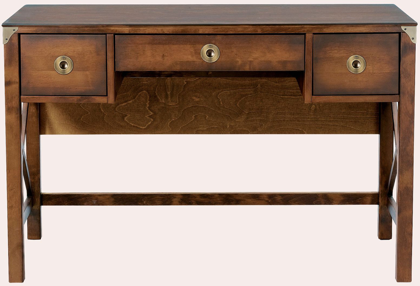Laura Ashley Balmoral 3 Drawer Desk in deep Chestnut coloured birch wood with 2 side drawers and a pull out keyboard tray in the centre