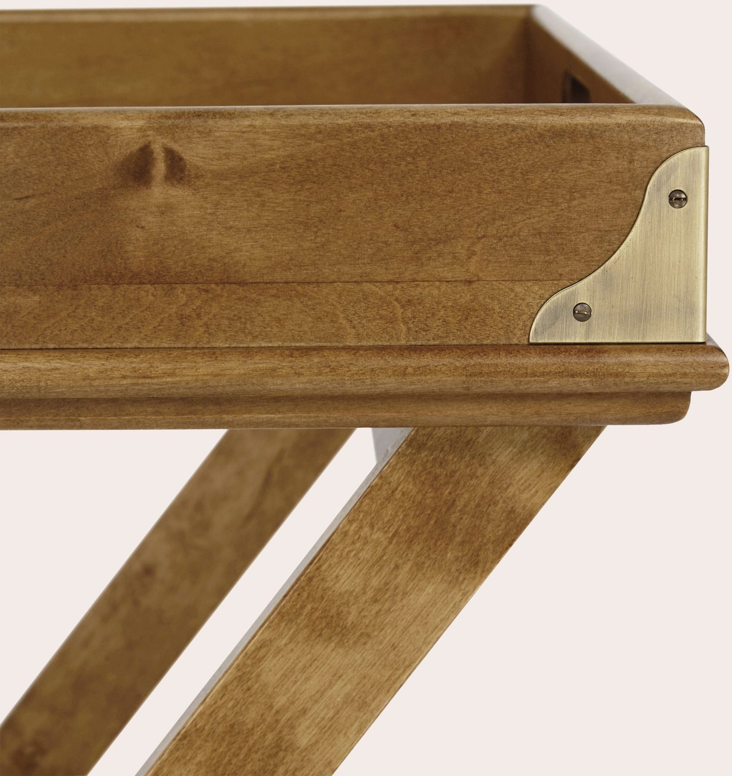 Laura Ashley Balmoral Butlers tray table in honey birch wood with detachable tray, foldable stand, cut-out handles and traditional brass corner fittings.