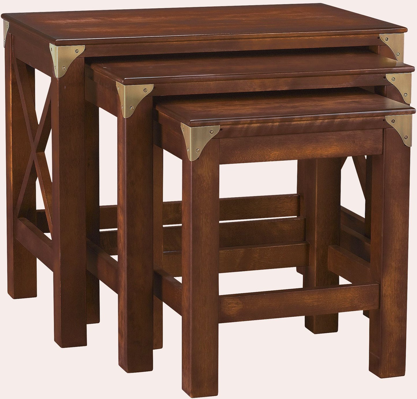 Laura Ashley Balmoral nest of tables in chestnut birch wood offering versatile occasional tables with traditional styling and brass corner plates.