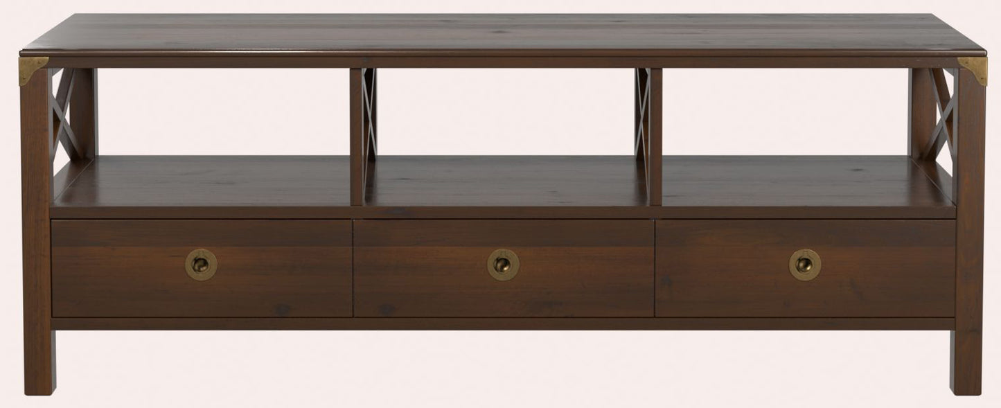 Laura Ashley Balmoral Wide TV Unit in Chestnut birch wood features 3 storage drawers and 3 open shelves, brass effect corner brackets and handles