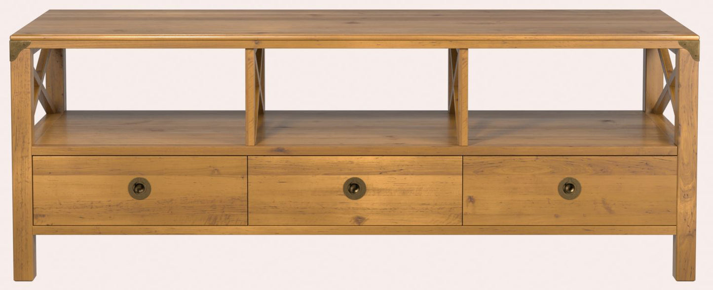 Laura Ashley Balmoral Wide TV Unit in Honey birch wood features 3 lower storage drawers and 3 open side by side shelves for equipment and easy cable access