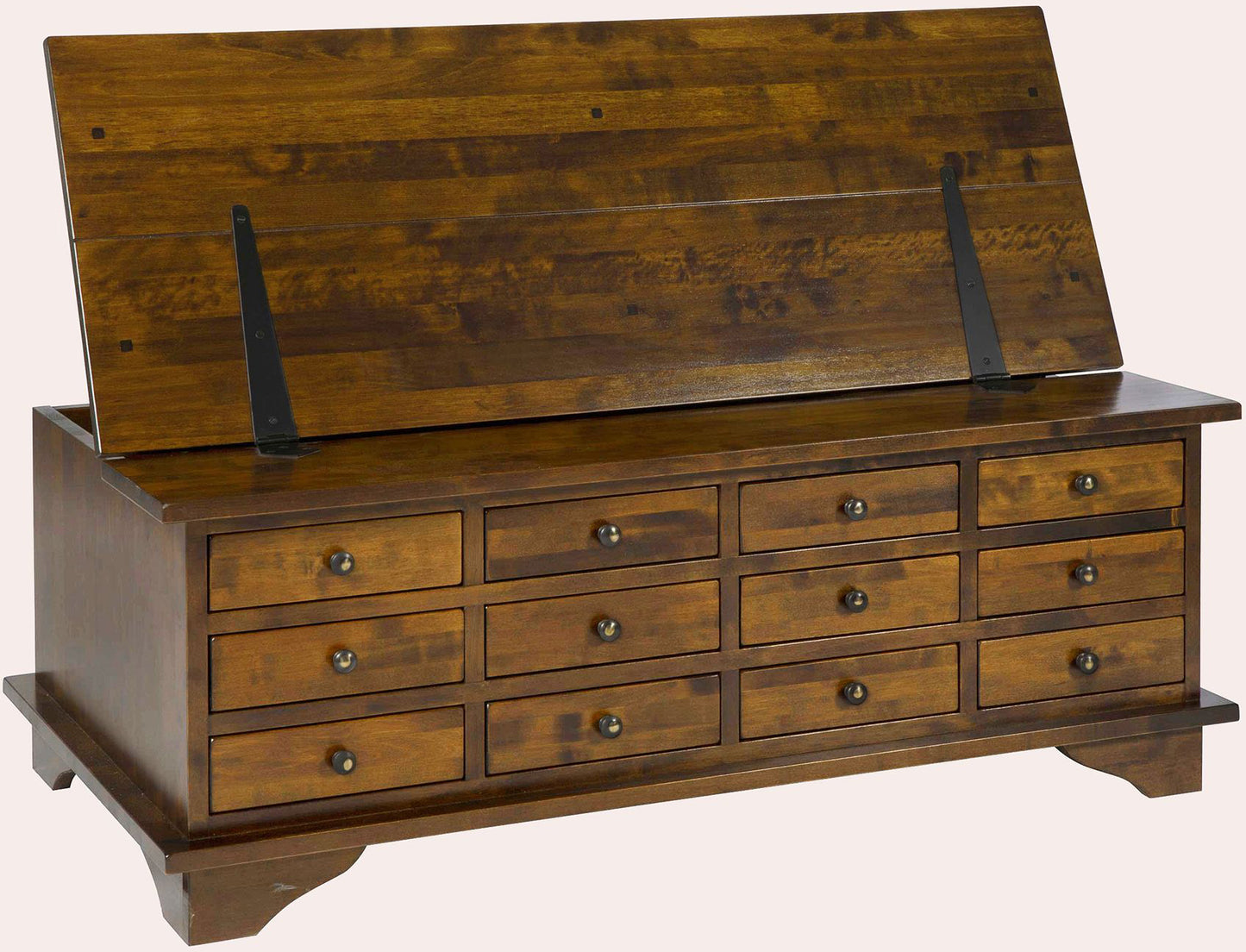 Laura Ashley Garrat Chestnut 12 Drawer Coffee Table crafted from solid birch wood with a lift up top for extra storage alongside the 12 drawers with metal knobs