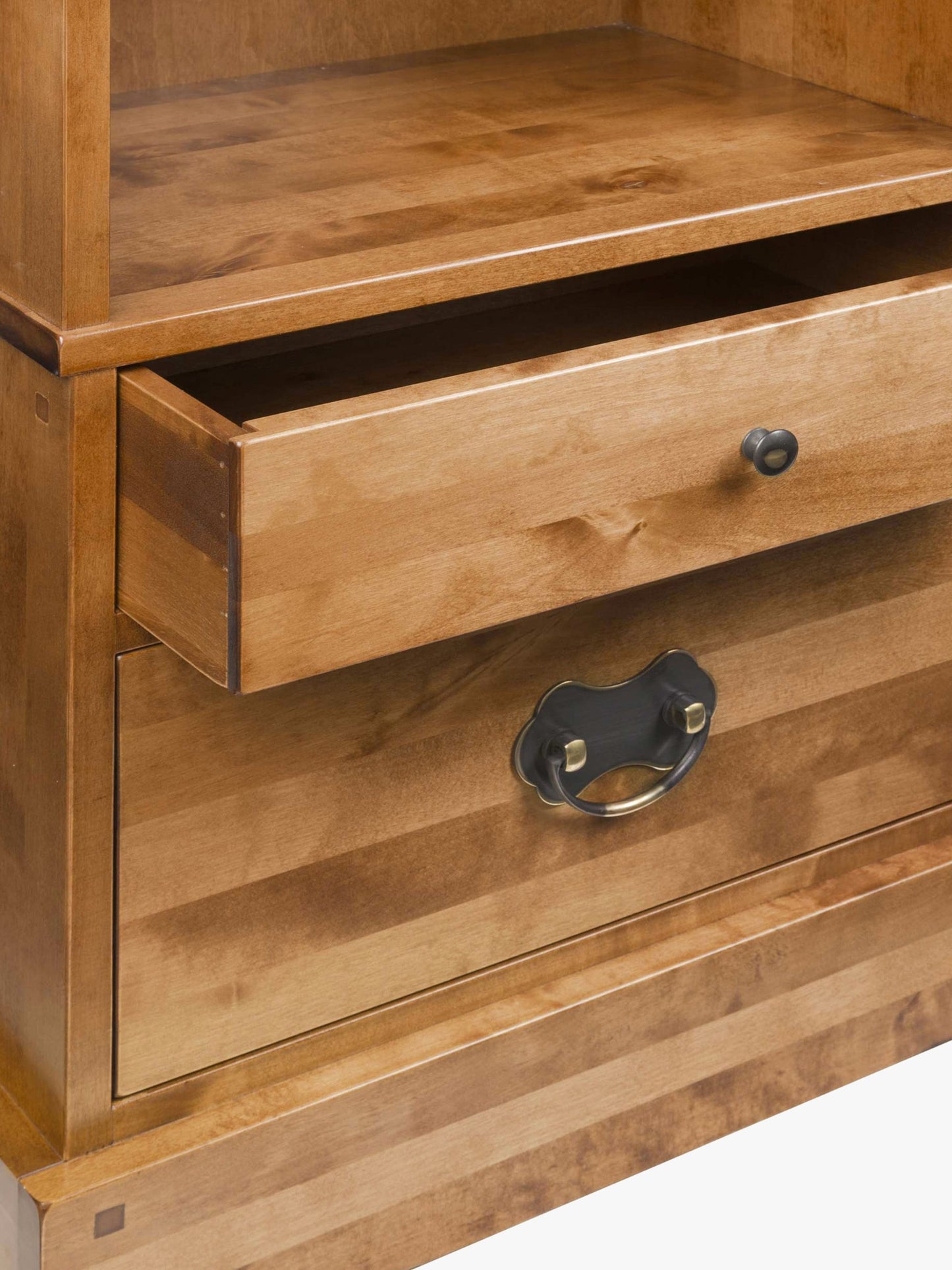 Laura Ashley Garrat Honey 2 Drawer Single Bookcase crafted from solid birch wood with antique style metal handles on the lower drawers