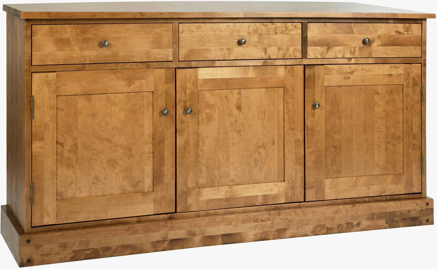 Laura Ashley Honey wood sideboard featuring three top drawers and three panelled cupboard doors with metal knobs
