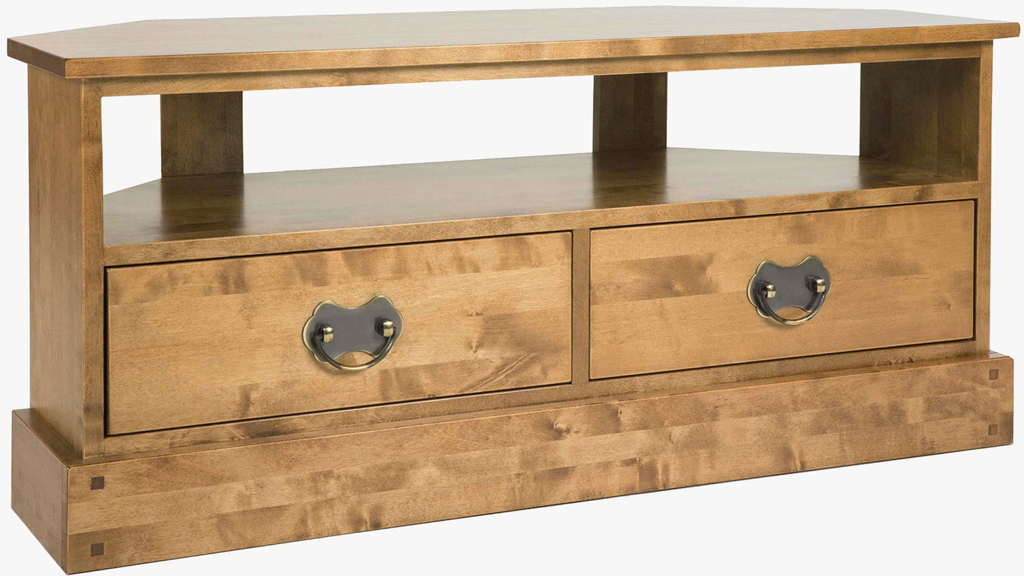 Laura Ashley Garrat Honey Corner TV Unit with two spacious drawers, cable friendly open shelf and traditional antique style metal handles