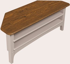 The Laura Ashley corner TV unit from the Hapton range has open shelving, soft truffle coloured unit and a dark wood top