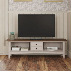 Laura Ashley Hapton Wide TV Unit with 2 middle drawers and open shelves, in a soft truffle colour with dark wood top
