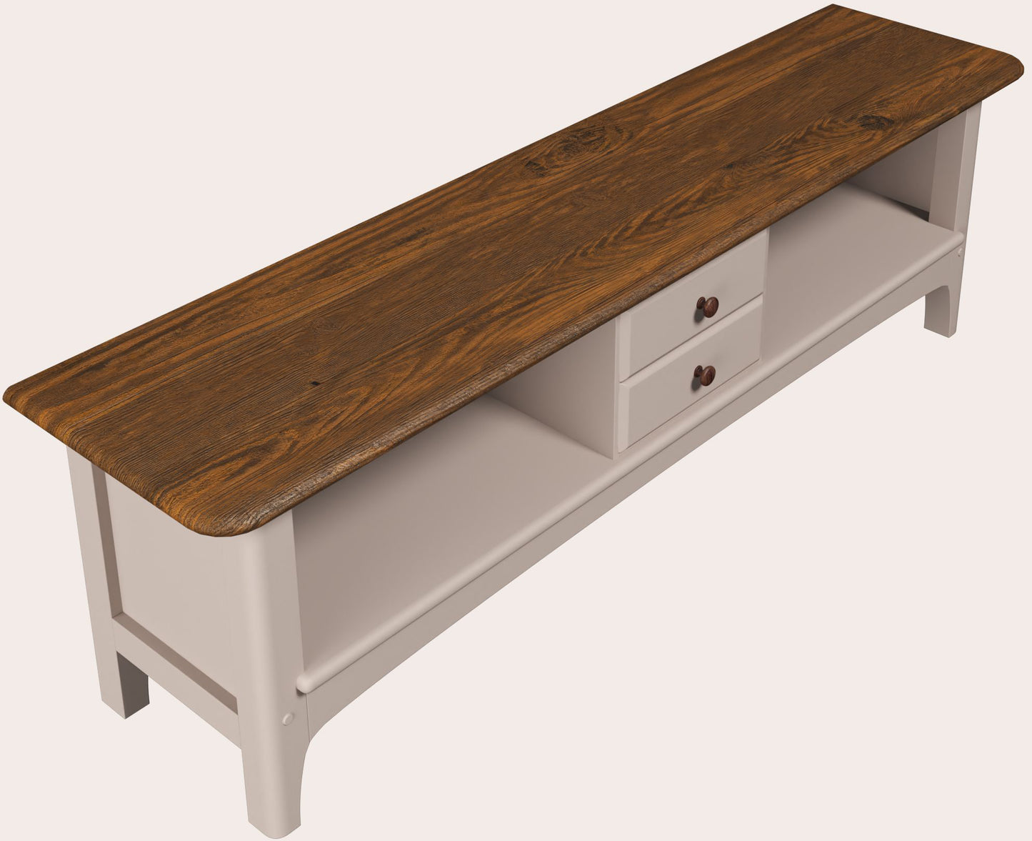 The Laura Ashley Wide TV unit from the Hapton range has a stunning dark wood top and soft truffle coloured body, it features 2 open shelves and 2 drawers in the middle, with brown wood handles