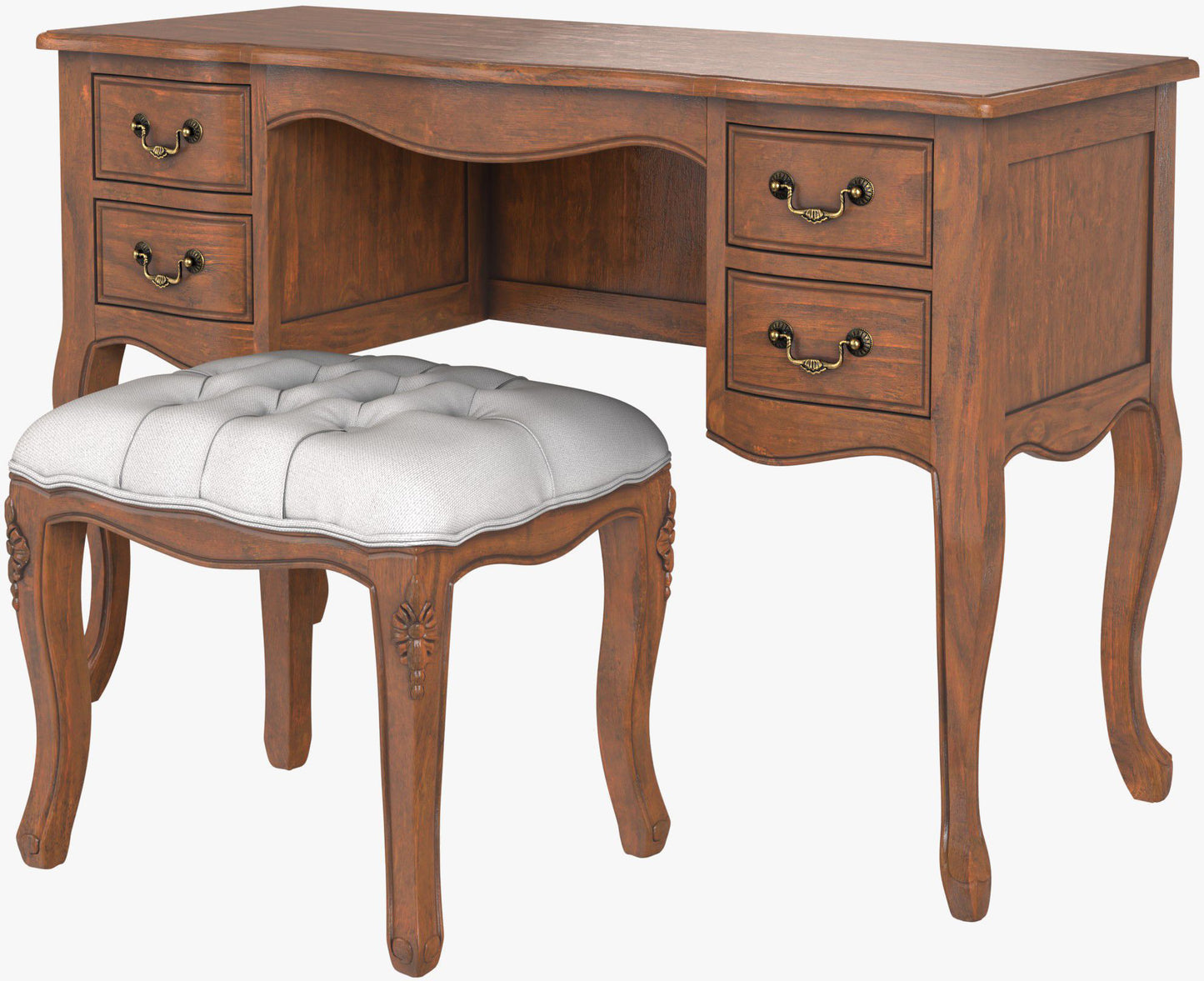 Laura Ashley Montpellier Dressing Table and Stool Set in Walnut with curved French silhouette, and spacious drawers for bedroom storage and a matching upholstered stool.