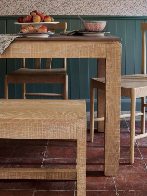 Laura Ashley oak dining chairs with a white washed finish to complement the matching dining table and bench