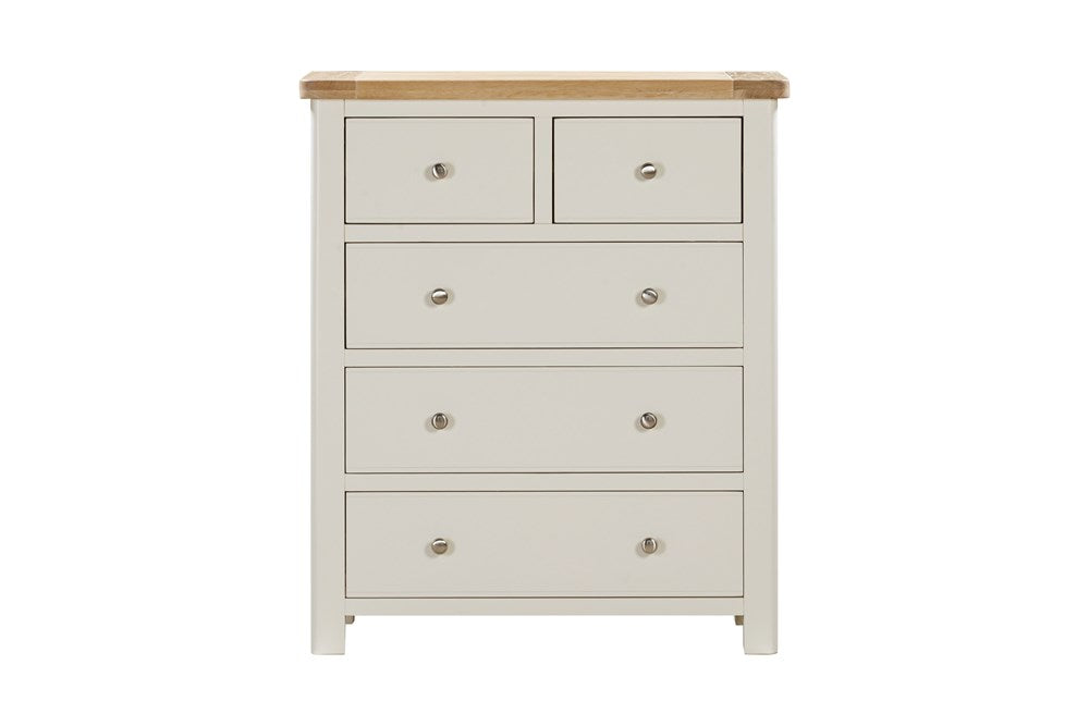 Papaya Foxington 2 Over 3 drawer Chest features 2 smaller top drawers and 3 larger lower drawers in a painted off white wood with natural oak top and silver handles