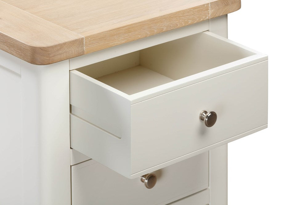 Papaya Foxington 5 Drawer Tall Chest in a painted off white wood with a solid oak table top and silver drawer knobs