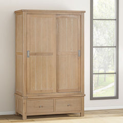 Papaya Foxington double sliding doors wardrobe crafted from a solid natural oak wood with 2 spacious lower storage drawers