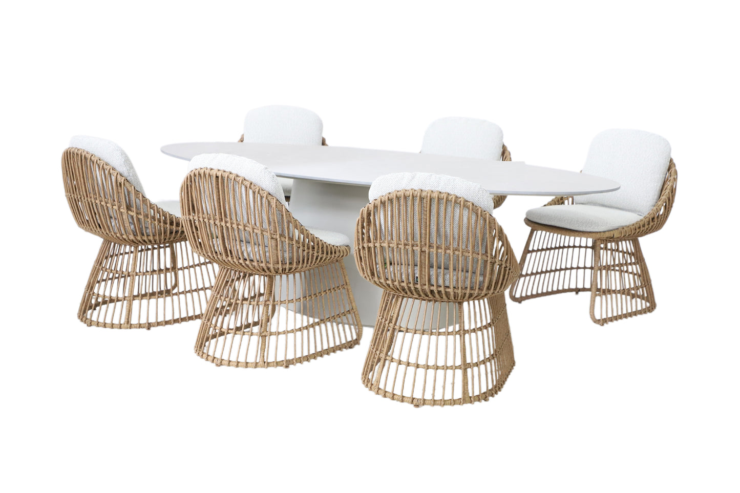 The Royal Garden Norden 6 Seat Dining Set brings contemporary Scandinavian design to your outdoor space with a clean white oval dining table and 6 distinctive rattan effect chairs and plush white cushions