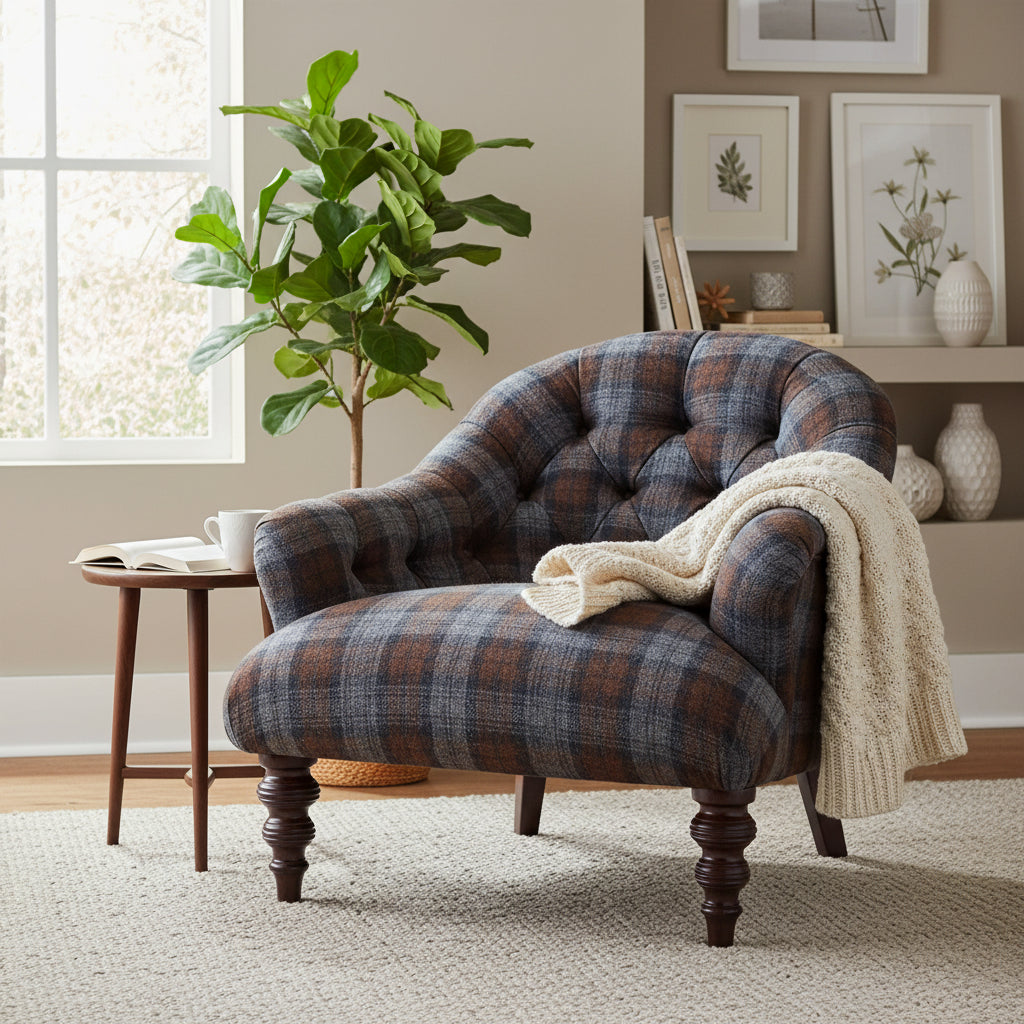 Tetrad Arbelour Chair in Macallan Check Fabric with brown, blue and grey tones, deep button tufting on the backrest, a generous wide seat and Dark Mahogany Turned Feet