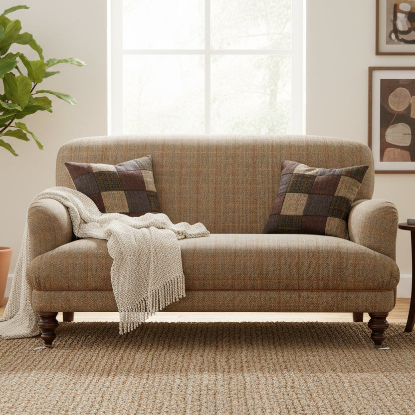 The Tetrad Braemar Petit Sofa is upholstered in authentic hand woven Harris Tweed in a herringbone pattern of warm neutral tones, dark wood feet and co-ordinating patchwork cushions