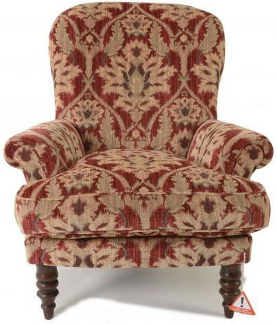 Tetrad Elgar Highback Chair in Enigma Claret Damask Fabric features rolled arms, deep seat cushion and traditional turned dark wood legs