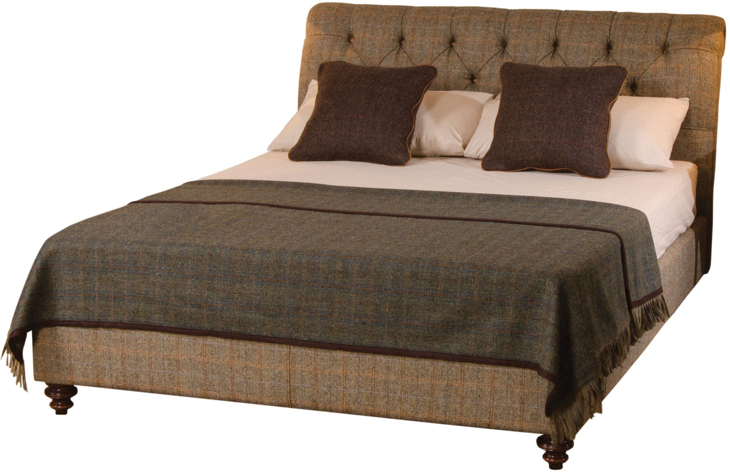 Tetrad Eriskay Super King Size Bed Frame in Bracken Herringbone Fabric with deep button tufted headboard, dark wood feet and a sprung slatted base