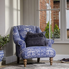 Tetrad Jacaranda Chair in Bagru design Indigo and Cream fabric with natural wooden legs