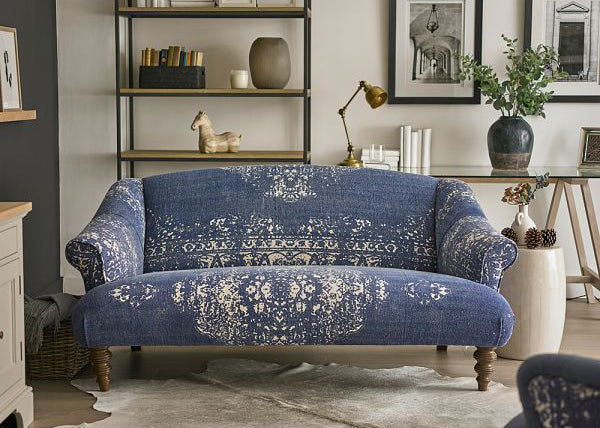 Tetrad Jacaranda Petit Sofa in an authentic Bagru design, in a cream and Indigo colour fabric