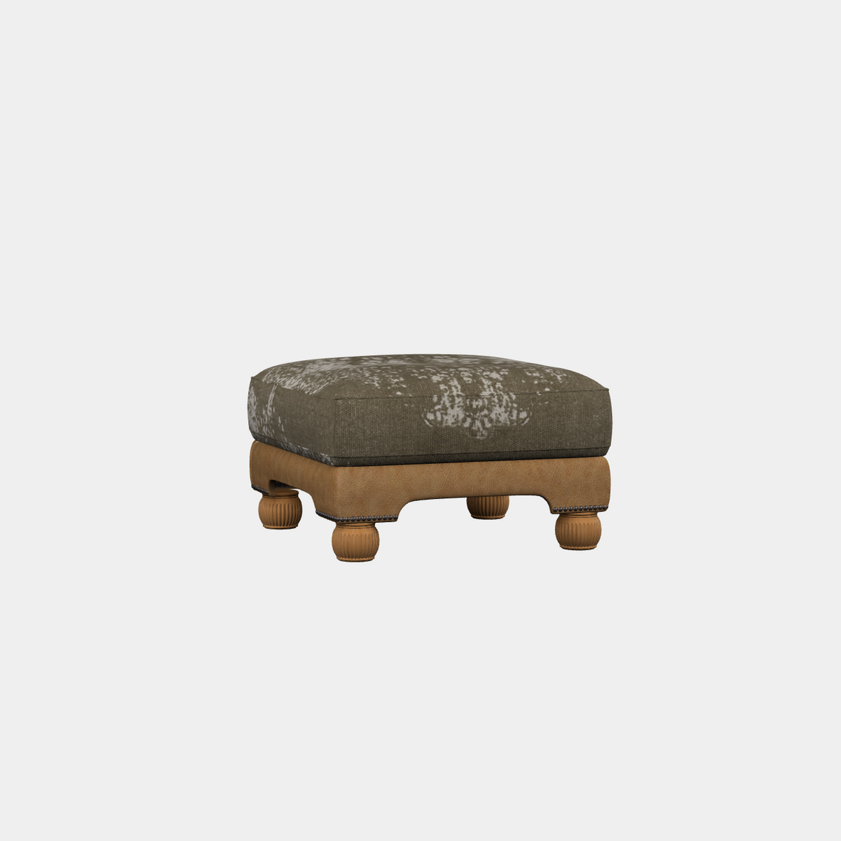 Original product cutout: Tetrad Montana Square Footstool in Bagru Khaki Fabric and Atacama Nutmeg Leather.