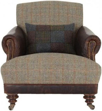 Tetrad Taransay Ladies Chair in Mixed Fabric upholstery and Leather accents, brass stud detailing, dark wooden legs with front castors and a co-ordinating scatter cushion