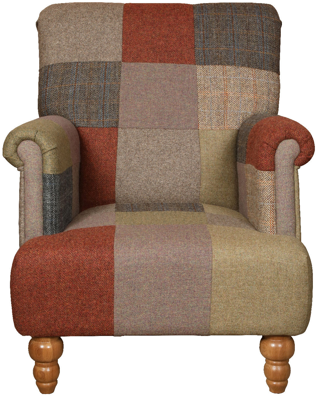 Vintage Sofa Company Burford Harlequin Chair in Patchwork upholstery with softly scrolled arms ad turned wooden legs