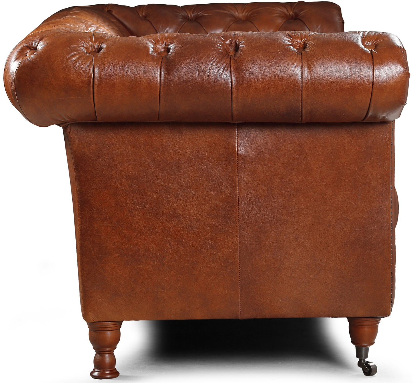 Vintage Sofa Company Chester Oliato 2 Seater Sofa features deep button tufting and elegantly scrolled arms, upholstered in premium rich brown leather. With traditional turned legs, the front with castors