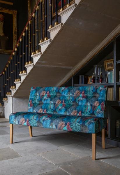 Vintage Sofa Company Colin 3 Seater Bench in Kingfisher Fabric and Bottle Green Leather original supplier photograph
