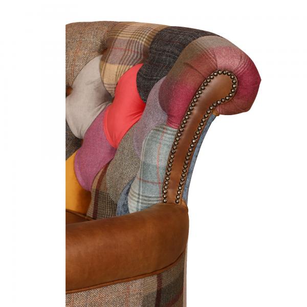 Vintage Sofa Company Dickinson Armchair In Patchwork & Cerato Brown Leather with brass stud detailing and deep button tufting on the scrolled backrest