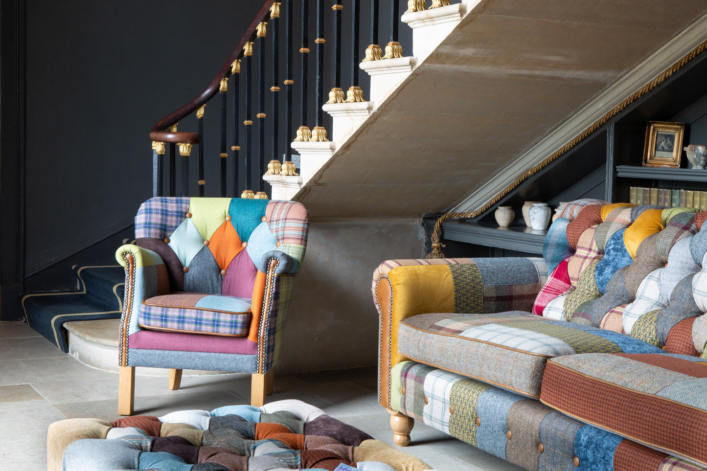 Vintage Sofa Company Governor Armchair in Fabric Patchwork with tan leather accents and brass stud detailing