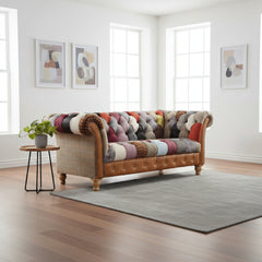 Vintage Sofa Company Harlequin 2 Seat Chesterfield Sofa with Harris Tweed Sides and patchwork deep button tufted upholstery to the back, seat and rolled arms, with brass stud detailing and turned wooden feet