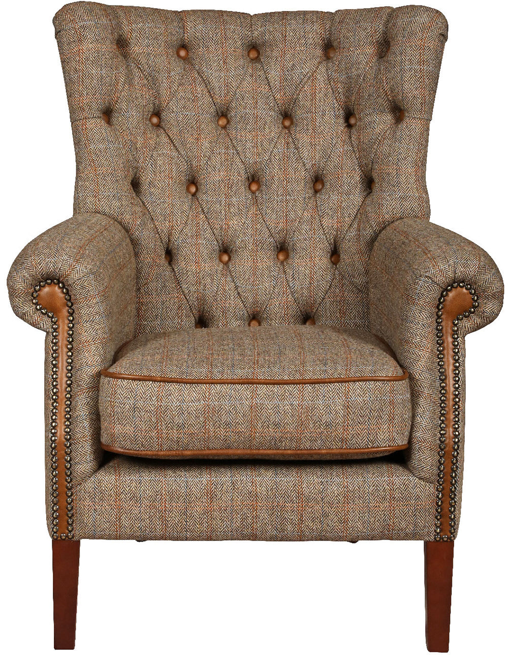 Vintage Sofa Company Hexham Chair in Hunting Lodge Harris Tweed Fabric with deep buttoning and tan leather trim
