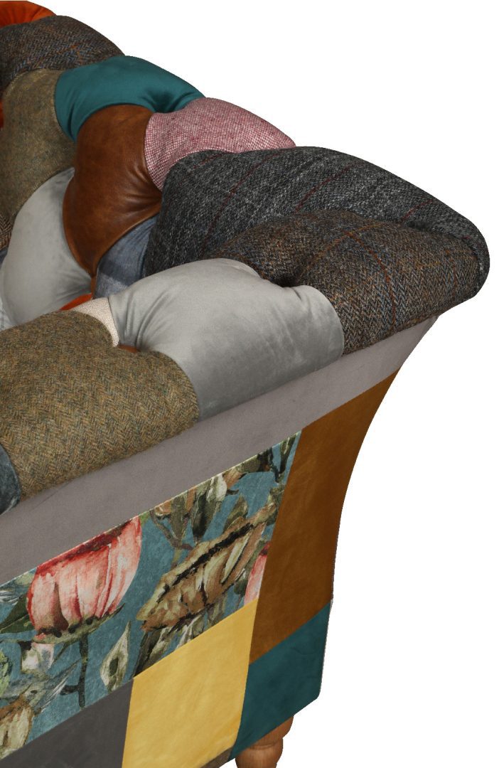 Vintage Sofa Company Rutland 3 Seater Sofa combines a classic Chesterfield style design with a vibrant multi coloured patchwork fabric and deep button tufting