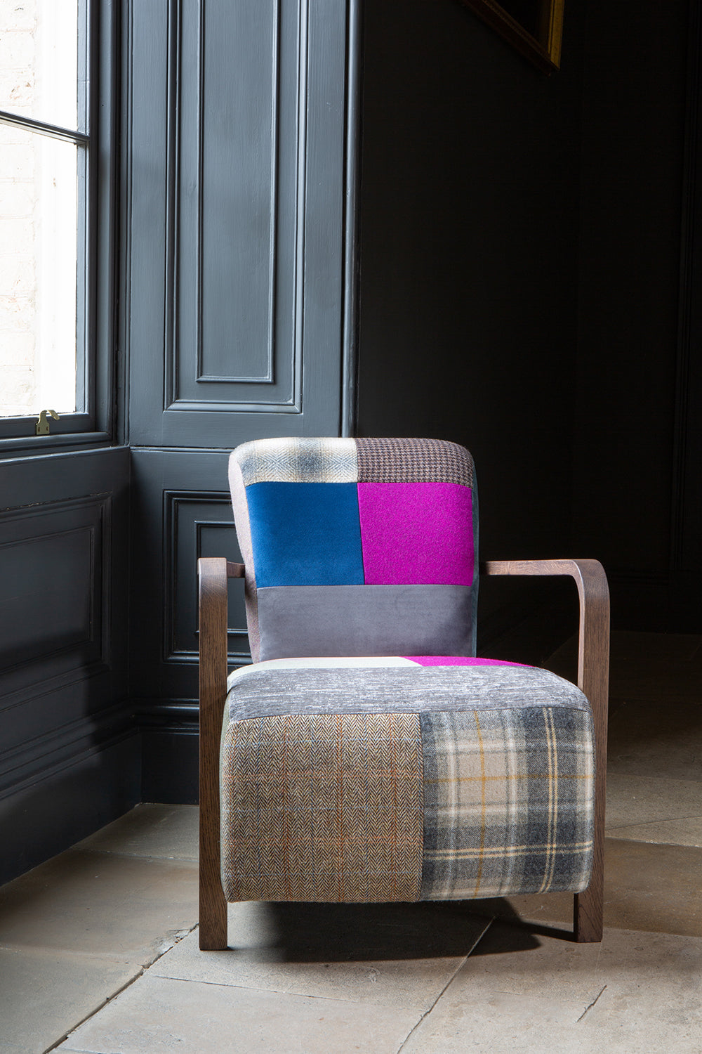 Vintage Sofa Company Shaun Patchwork Chair with Antique Arms that offer clean wooden lines against the mix of patchwork upholstery