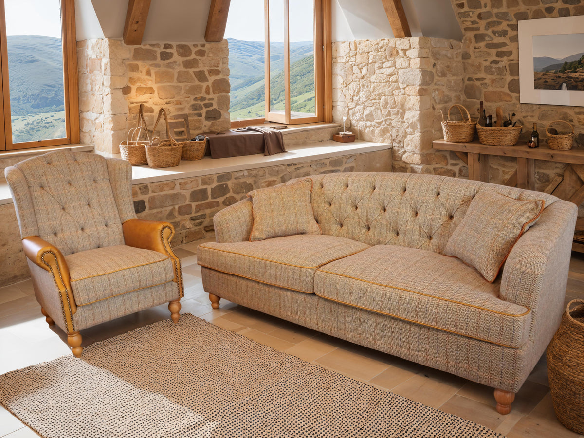 Carlton Furniture Buxton Club 2 Seater Sofa in Harrington Tweed Fellwood Lodge Natural Legs — lifestyle setting