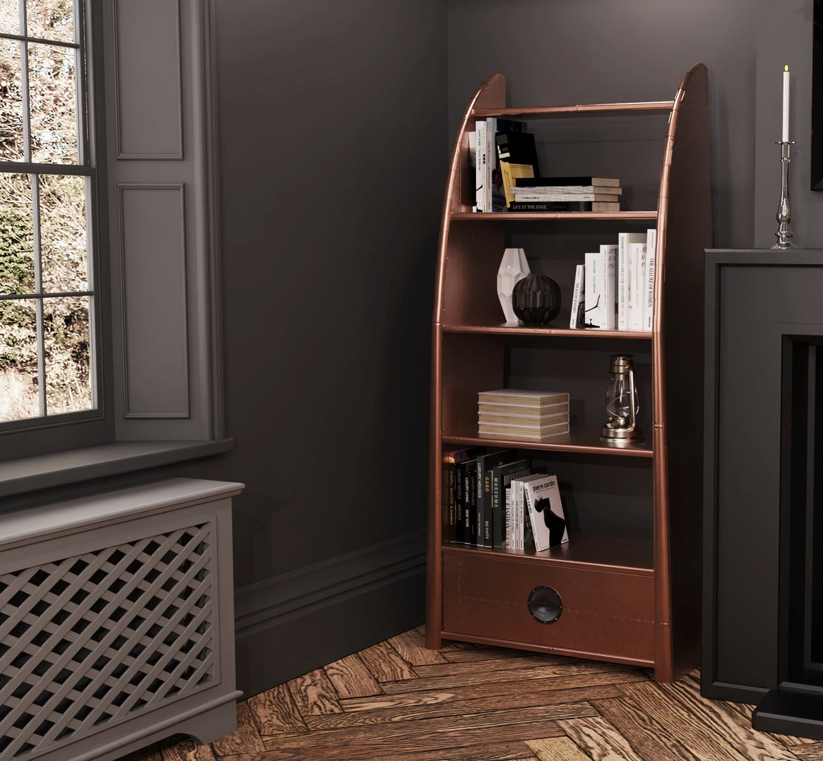 Carlton Furniture Wing Bookcase - Copper Metal Finish — lifestyle setting