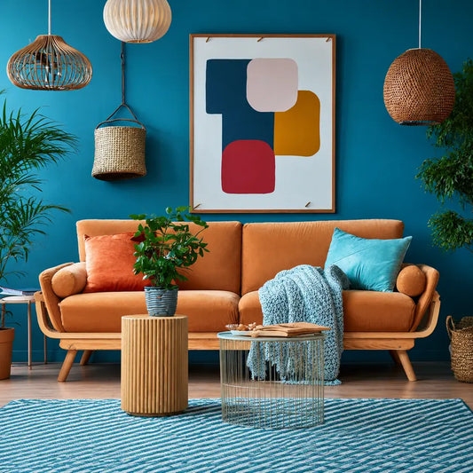 Boho living room with a teal feature wall, orange sofa, woven pendant lights, indoor plants and abstract wall art.
