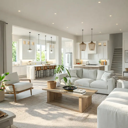 Bright open-plan living room and kitchen with white sofas and island seating