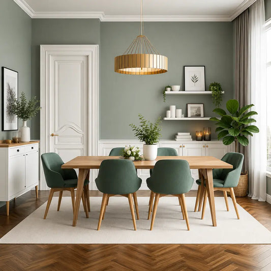 Scandinavian dining room with sage green walls, wooden dining table and upholstered dining chairs.