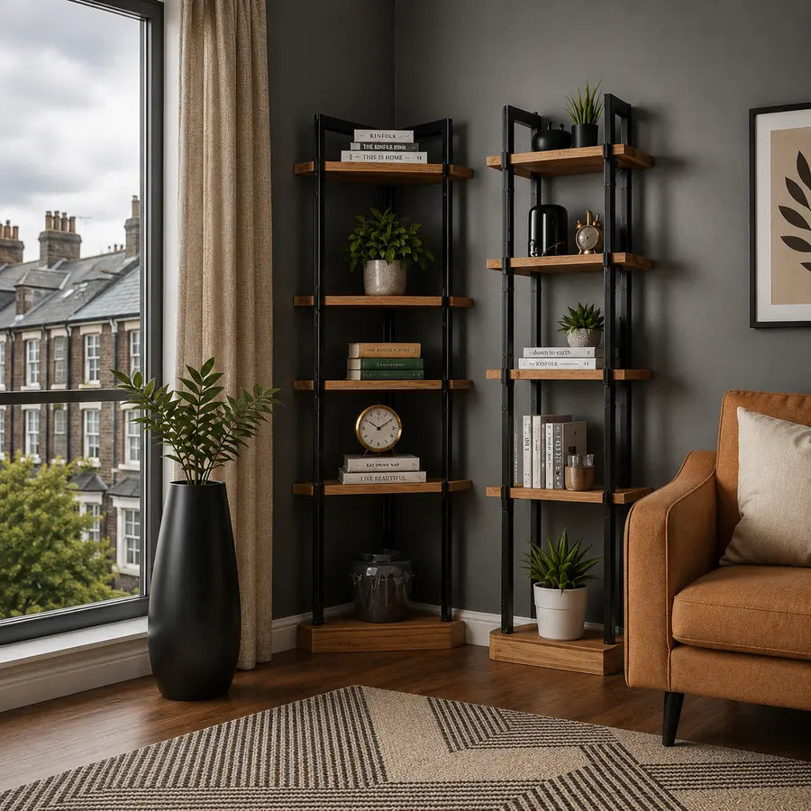 Industrial style corner bookcases with wooden shelves, indoor plants and a view of traditional terraced houses.