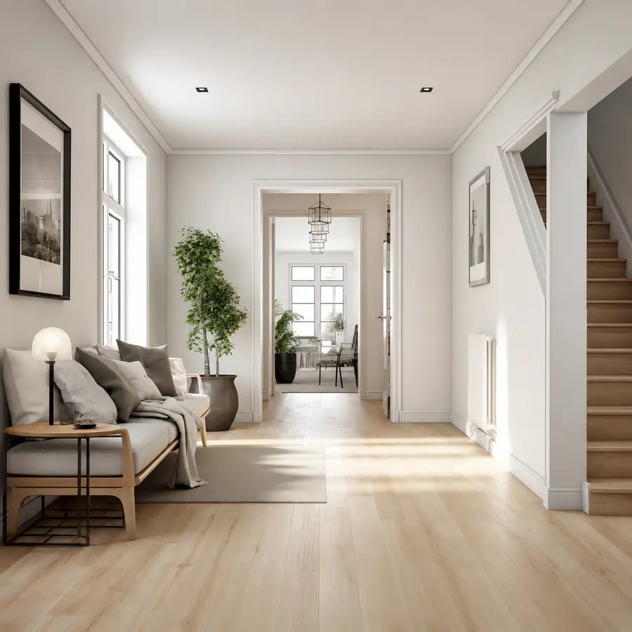 Bright modern hallway interior with light wood flooring, a bench seat, indoor plants and a staircase leading upstairs