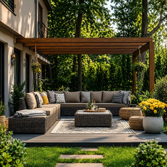 Outdoor rattan garden furniture set beneath a timber pergola on a landscaped patio.