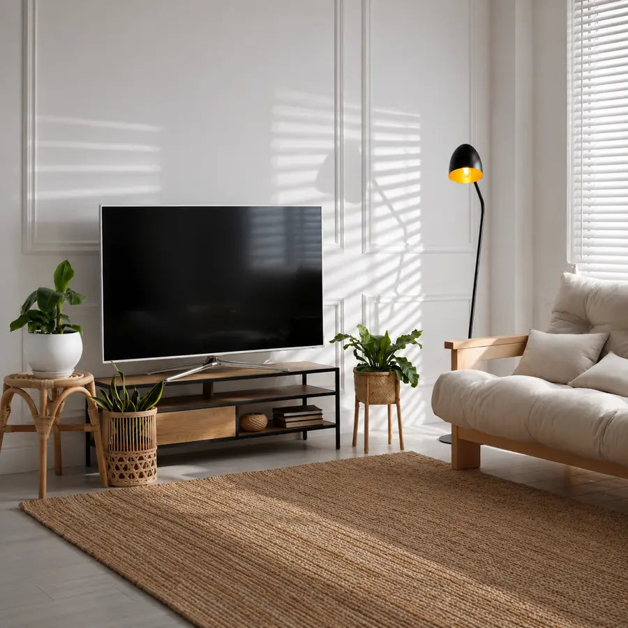 Scandinavian living room with TV unit, neutral furnishings, indoor plants and natural light.