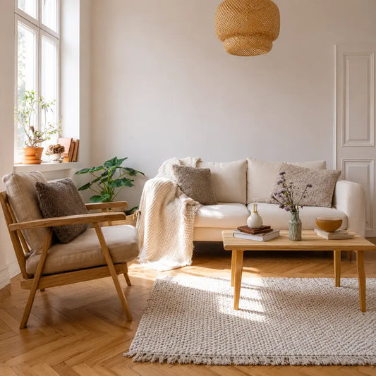 Scandinavian living room with a cream sofa, wooden armchair and soft natural light.