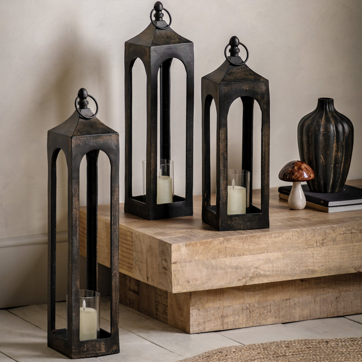 Gallery Direct lanterns styled in a neutral interior