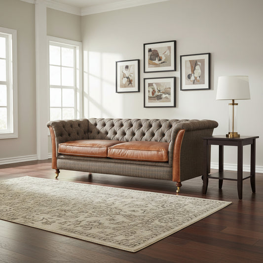 Vintage Sofa Company Granby 3 Seat Sofa in Moreland Harris Tweed Fabric and Leather