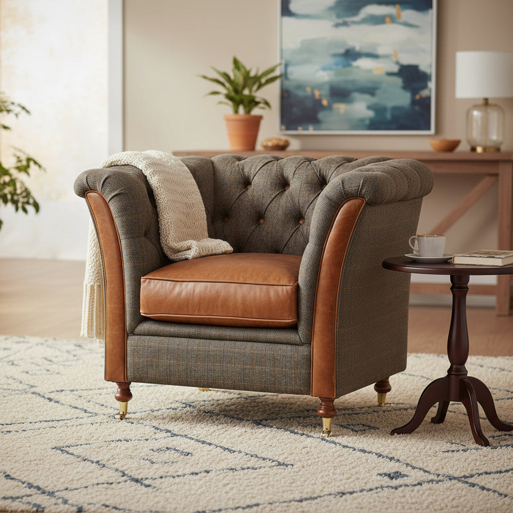 Vintage Sofa Company Granby Chair in Moreland Harris Tweed Fabric and Leather