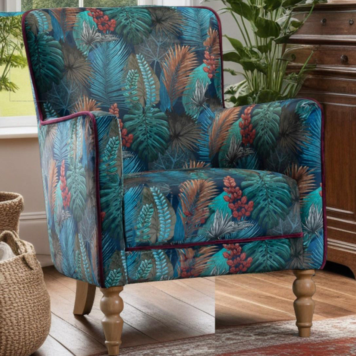 Vintage Sofa Company Howden Chair in Tropical Leaf Kingfisher