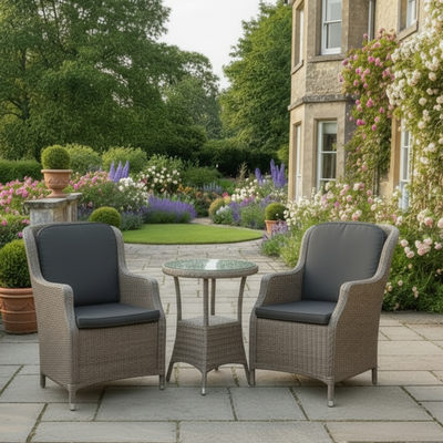 4 Seasons Outdoor Brighton Bistro Set with Penida Table is an elegant 2 seater rattan furniture set, ideal for small gardens or conservatories